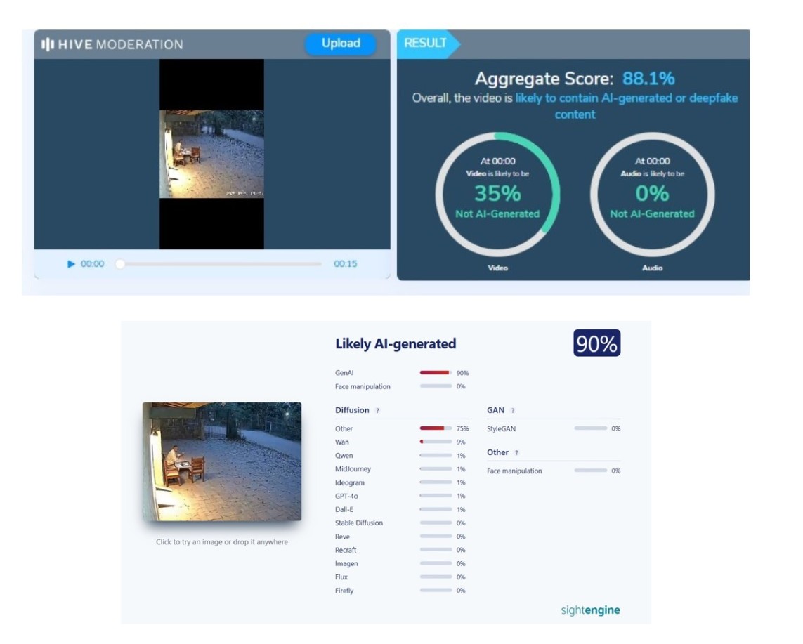 Screengrabs from Hive Moderation and SightEngine