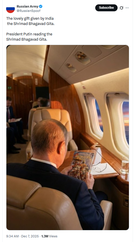 விமானத்தில் பகவத் கீதை படித்த புதின்.