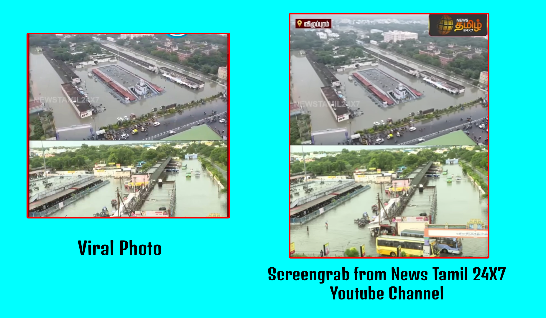 டிட்வா புயல் மழையால் விழுப்புரம் பேருந்து நிலையத்தில் மழைநீர் புகுந்ததாக பரவும் படம்.