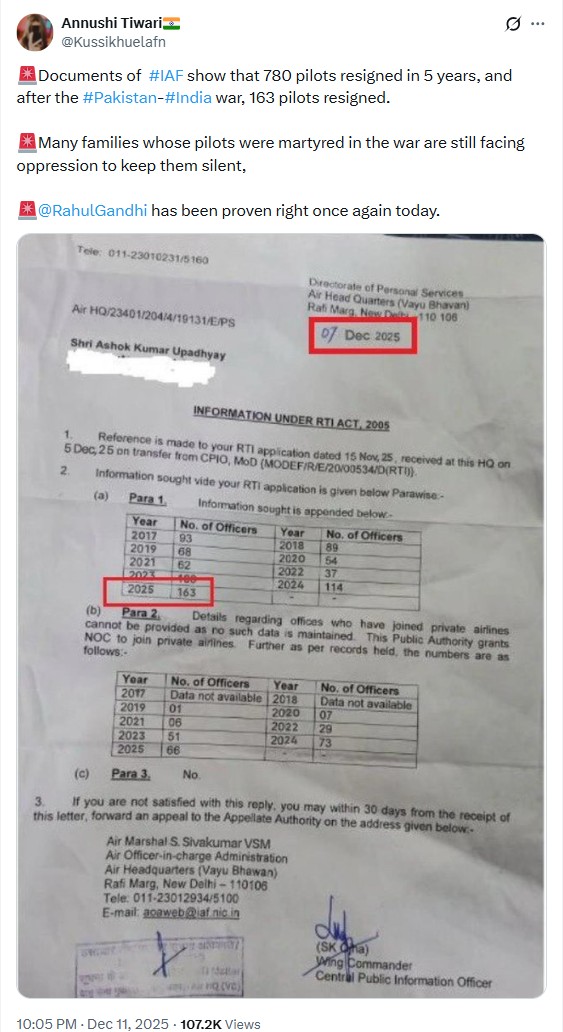 Viral ‘Document’ Showing 163 IAF Pilots Resigned After 2025 India-Pakistan Conflict Is Doctored