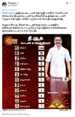 2026 சட்டமன்ற தேர்தலுக்கான திமுக கூட்டணி தொகுதி பங்கீடு என்று பரவும் நியூஸ்கார்டு.