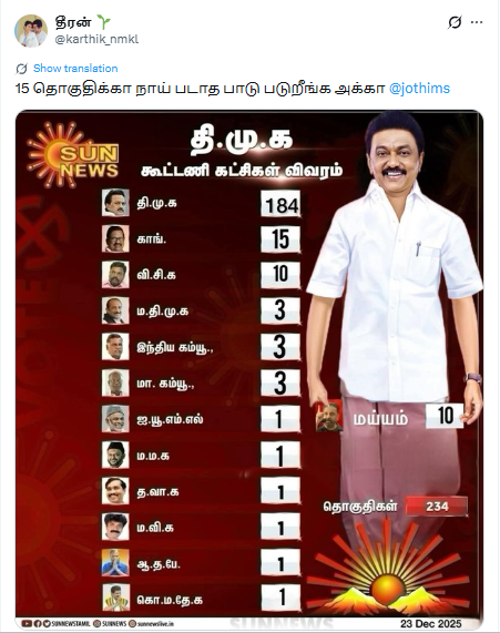 2026 சட்டமன்ற தேர்தலுக்கான திமுக கூட்டணி தொகுதி பங்கீடு என்று பரவும் நியூஸ்கார்டு.