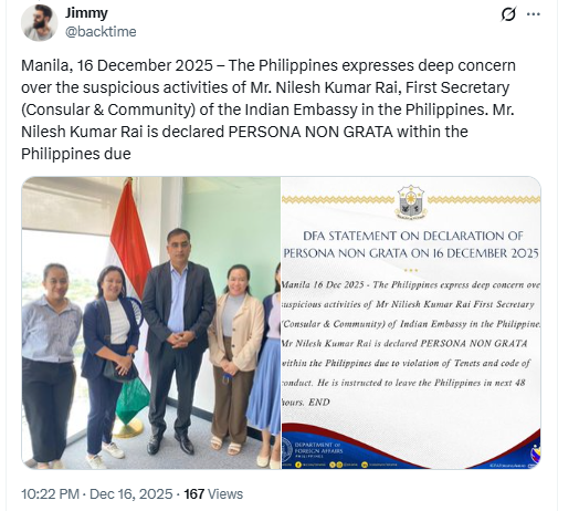 भारतीय दूतावास के अधिकारी को अवांछित