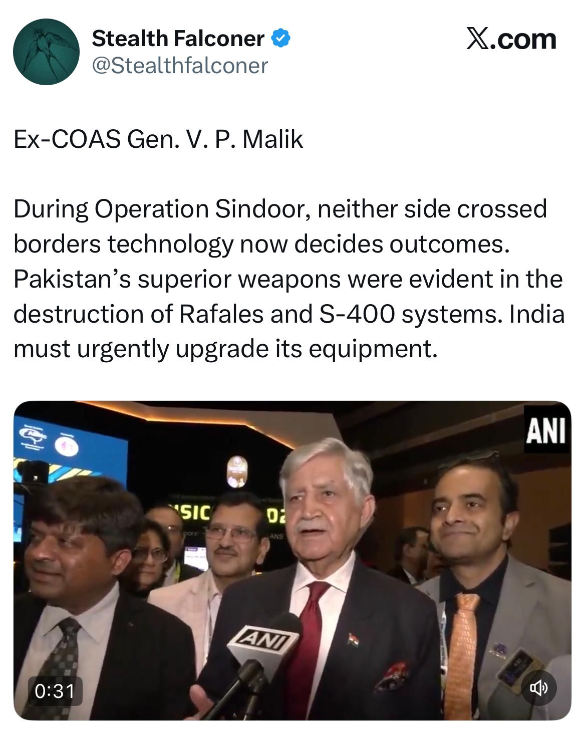 ಭಾರತದ ಮಾಜಿ ಸೇನಾ ಮುಖ್ಯಸ್ಥ ಜನರಲ್ ವಿ.ಪಿ. ಮಲಿಕ್ ಪಾಕಿಸ್ತಾನವನ್ನು ಹೊಗಳಿ ರಫೇಲ್ ಜೆಟ್‌ಗಳ ನಷ್ಟವನ್ನು ಒಪ್ಪಿಕೊಂಡಿದ್ದಾರಾ?