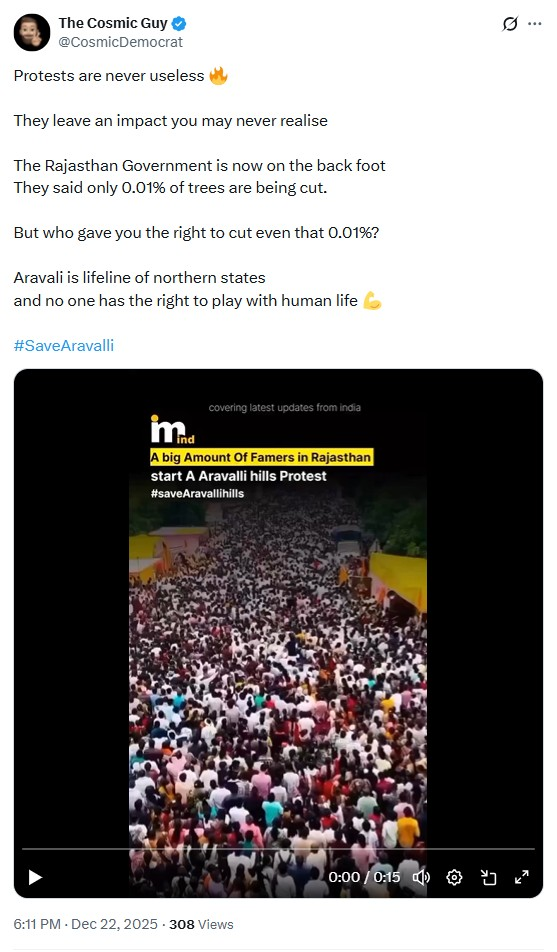 ರಾಜಸ್ಥಾನದಲ್ಲಿ 'ಅರಾವಳಿ ರಕ್ಷಿಸಿ' ಬೃಹತ್ ಪ್ರತಿಭಟನೆ ಎಂದು ಹೇಳಲು ಹಳೆಯ, ಸಂಬಂಧವಿಲ್ಲದ ವೀಡಿಯೋಗಳನ್ನು ಹಂಚಿಕೆ