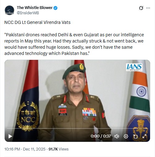 Video Of NCC DG Admitting Pakistani Drones Reached Delhi, Gujarat During May 2025 Conflict Is Doctored