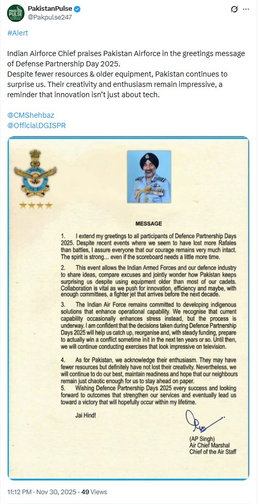 Did Air Chief Marshal AP Singh Praise Pakistan’s Defence Capabilities? No, Viral ‘Message’ Is Fake