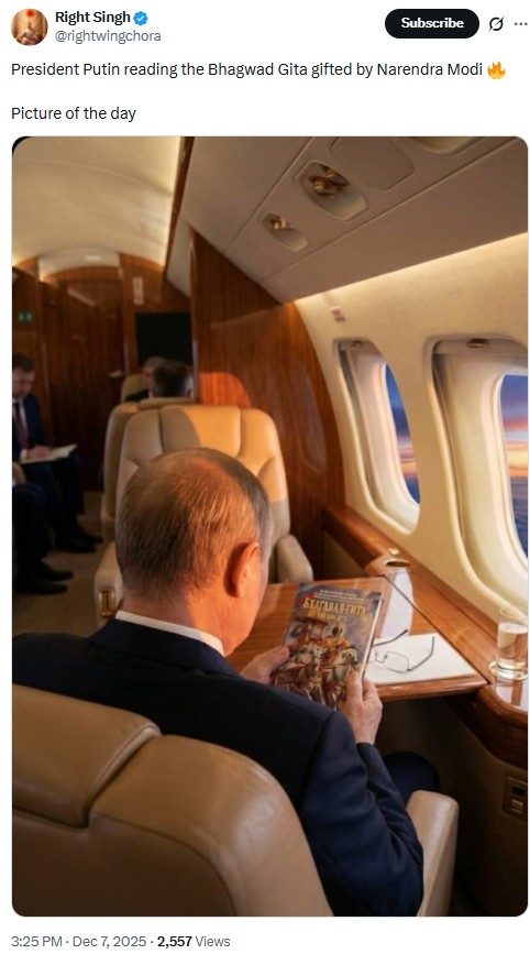 Viral Photo Claiming To Show Putin Reading Bhagavad Gita Aboard Plane Is AI-Generated