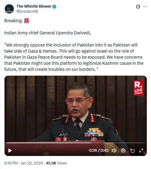 Edited video of army chief opposing Pakistan's participation in President Trump's 'peace commission' is shared as real