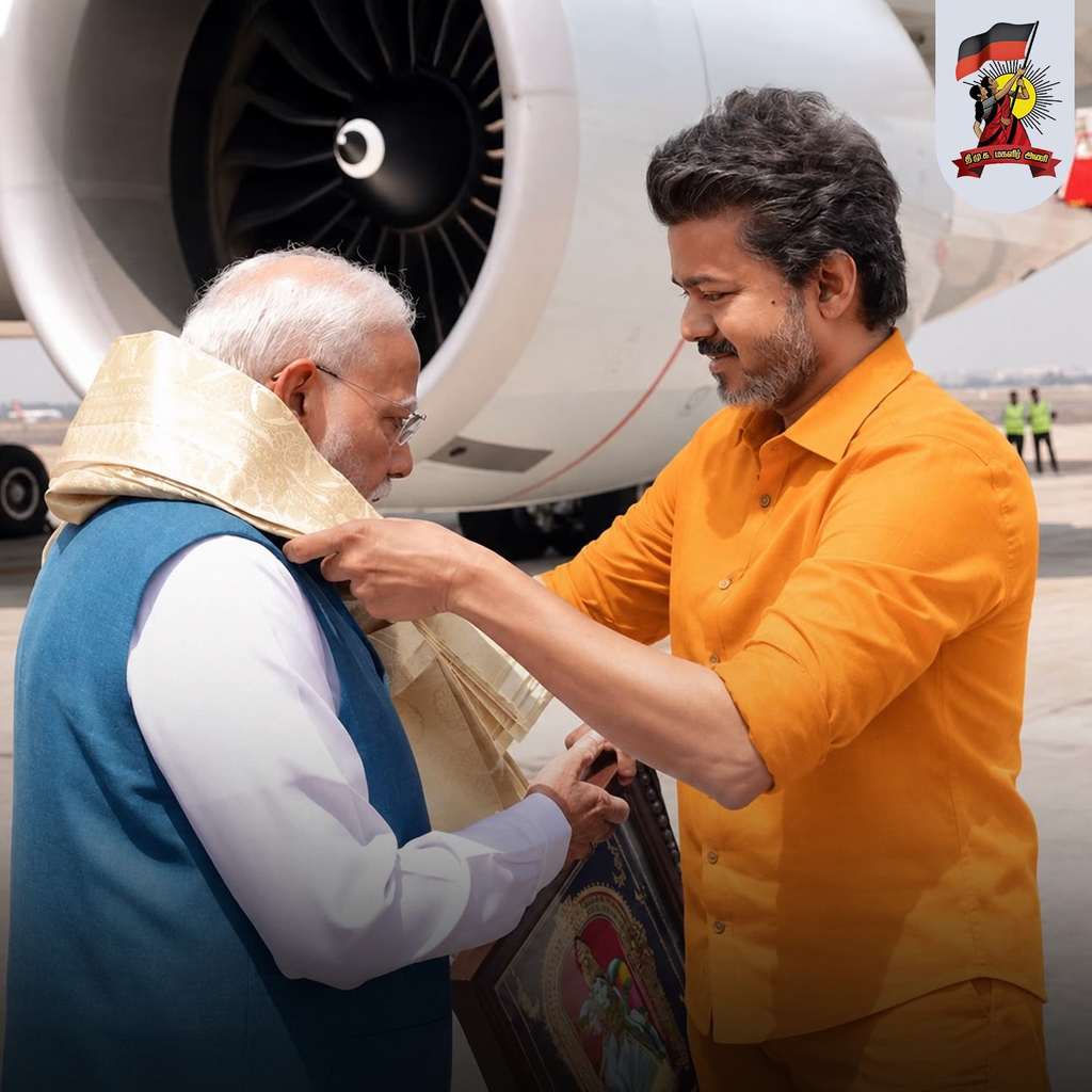 விஜய் காவி நிறச் சட்டை அணிந்து மோடியை வரவேற்றதாகப் பரவும் எடிட் செய்யப்பட்ட புகைப்படம்.